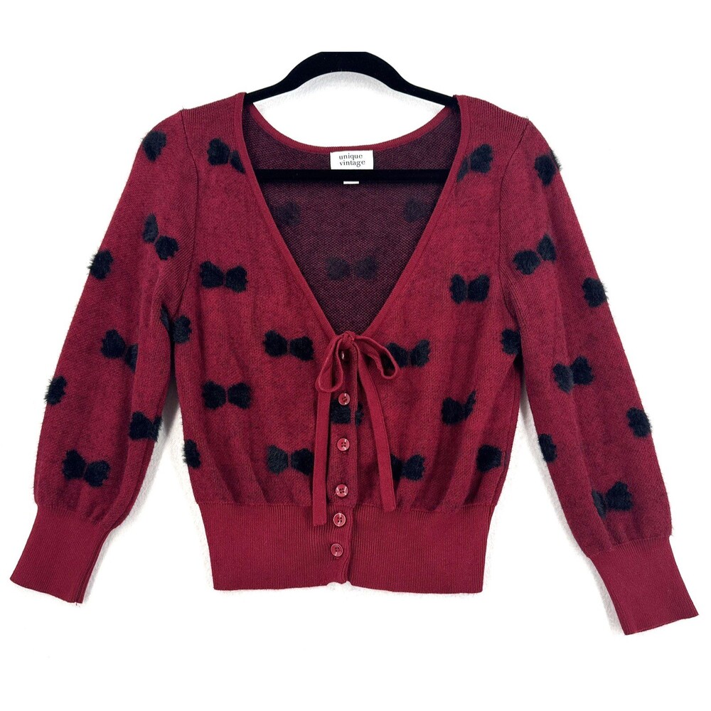 Unique Vintage Cardigan Women S Red Black Fuzzy Bow Tie Front Crop Retro Pinup